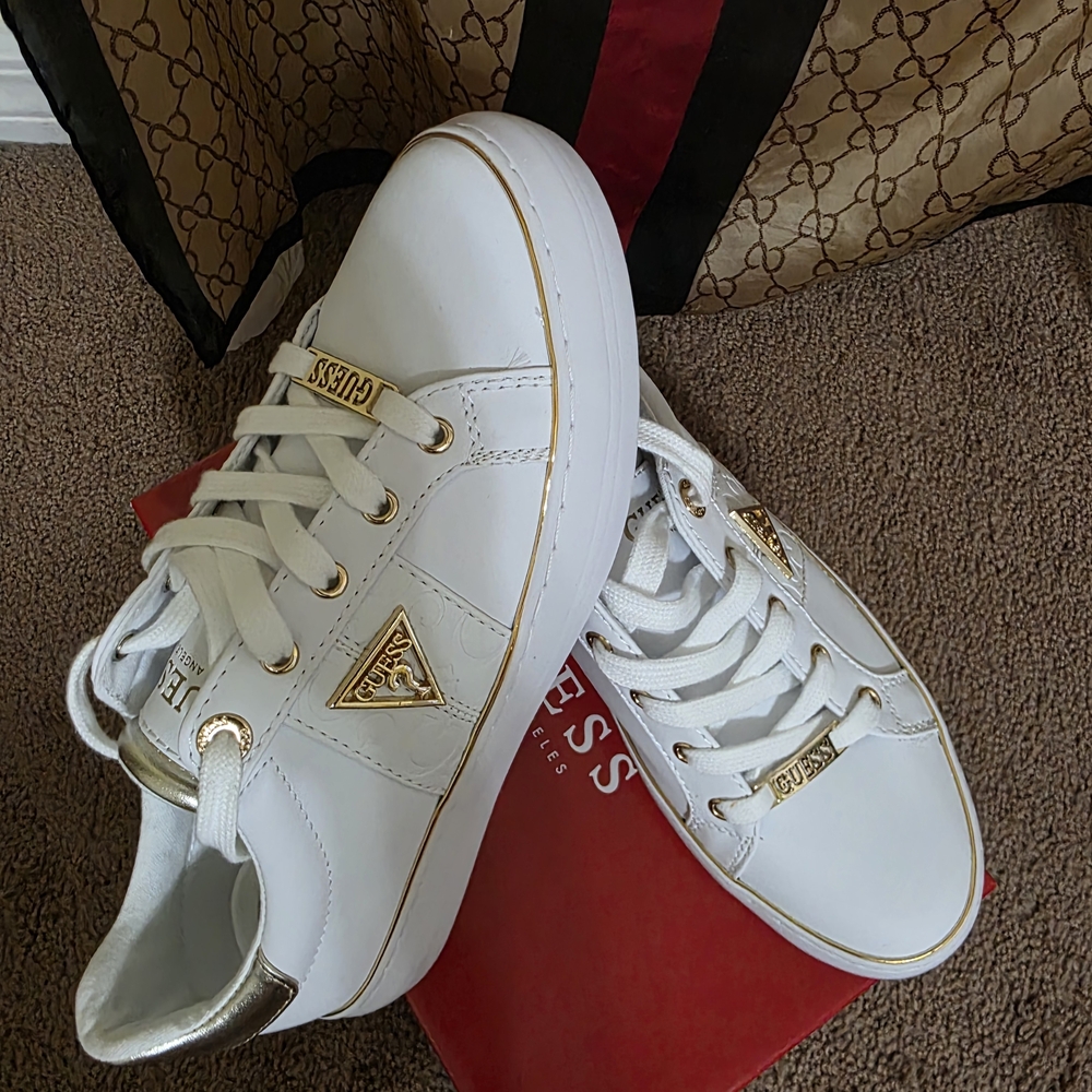 GUESS Women's White Sneakers with Gold Details